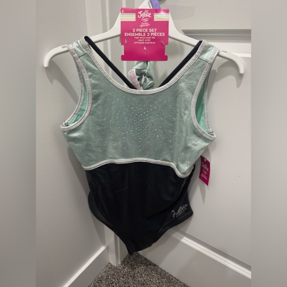 Justice Mint Green and Black Sparkle Dance Leotard Set - girls Size 14-16